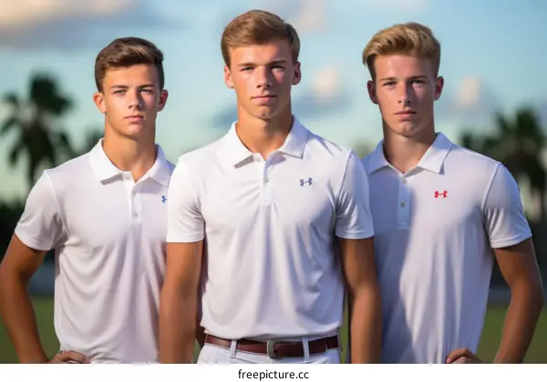 Three young male golfers posing in a golf course