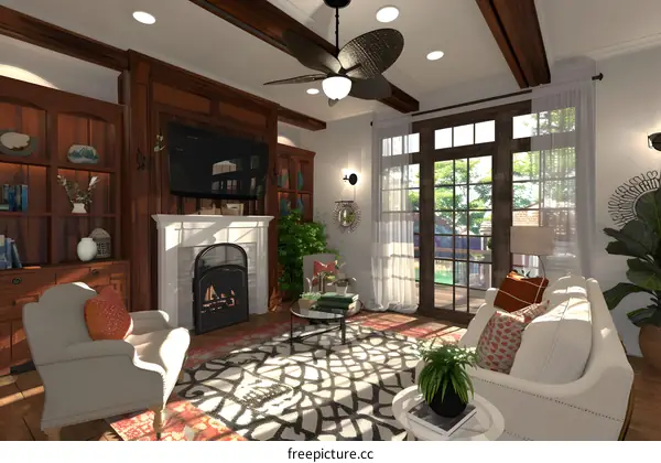 Modern Living Room Design with Fireplace and Large Windows