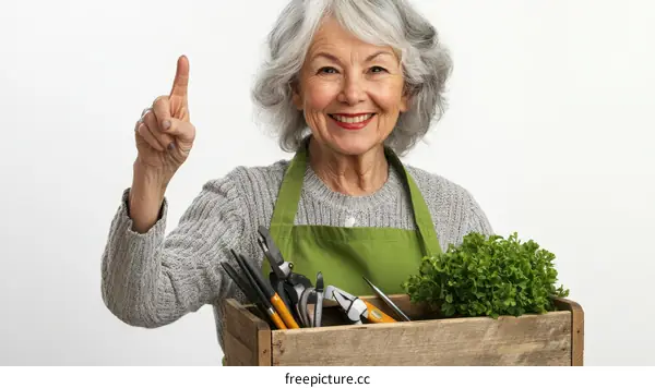 Senior Woman Gardener Holding Fresh Produce in Wooden Crate