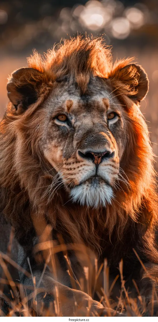 Close up portrait of a male lion with a golden mane