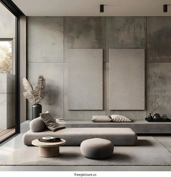 Minimalist Living Room Design with Concrete Wall and Two Empty Frames