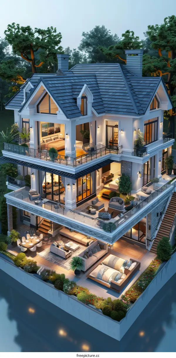 Luxury Mansion with Multiple Levels and Gardens