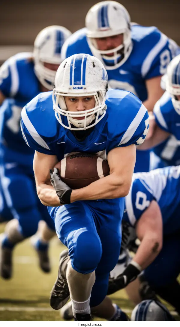 American football running back in blue uniform carrying the ball