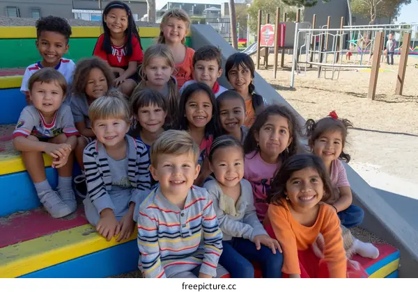 A group of ethnically diverse children sitting on a colorful staircase