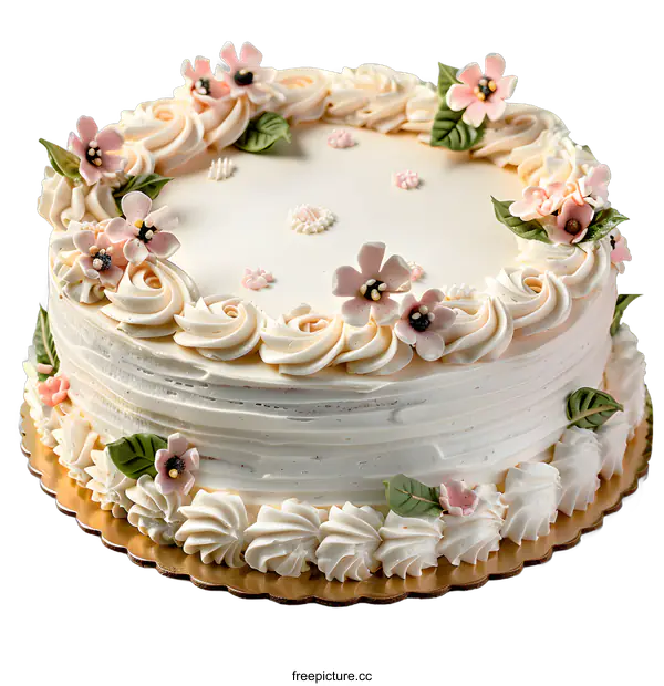 [Transparent Background PNG]A cake with pink flowers and green leaves