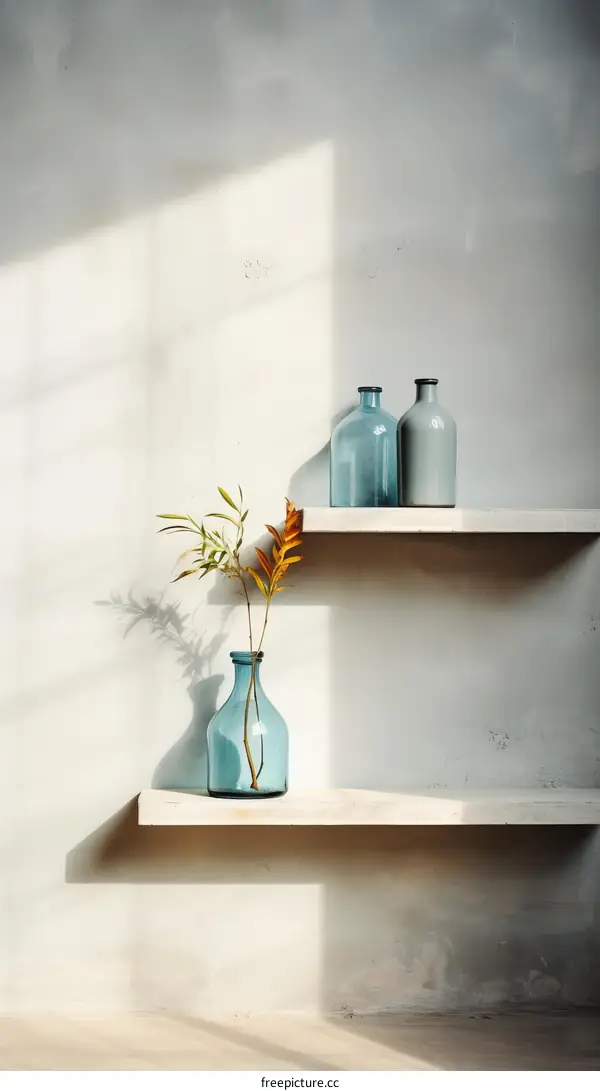 Blue and gray bottles and vase on a shelf with a plant