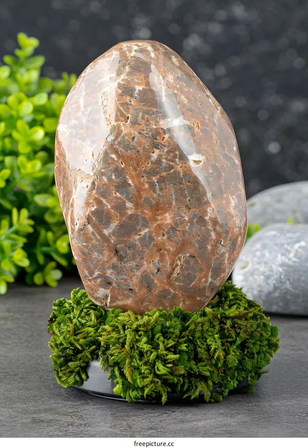 Closeup of a Smooth Stone with Moss on a Stand