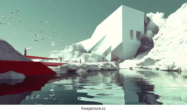Surreal Abstract Architecture with Figures and Birds in a Landscape
