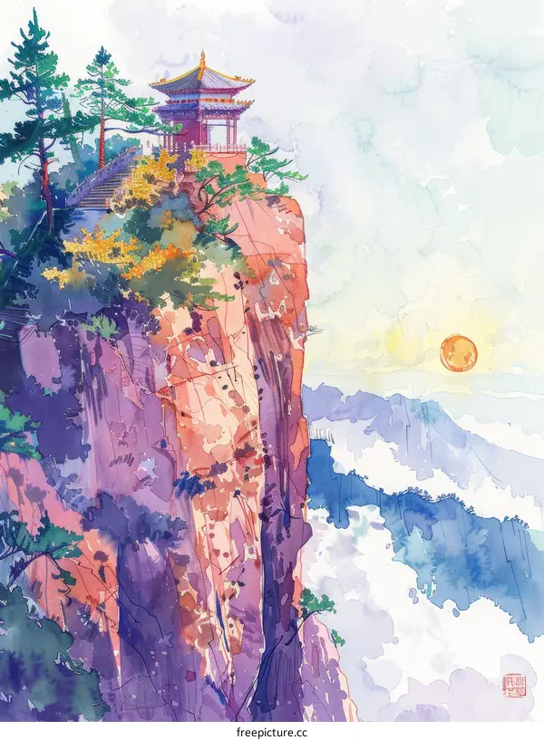 Chinese landscape painting of a pavilion on a cliff