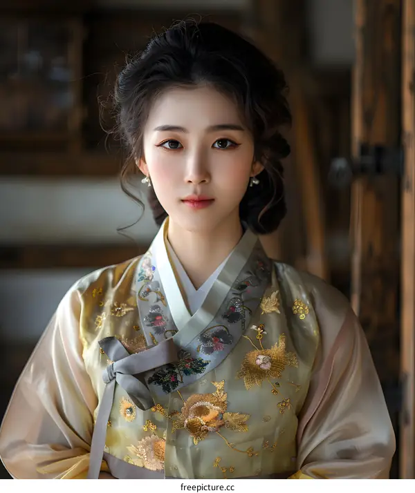 Beautiful Asian Woman in Traditional Hanbok Dress