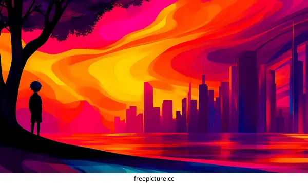 Colorful Sunset Over a Cityscape with a Person