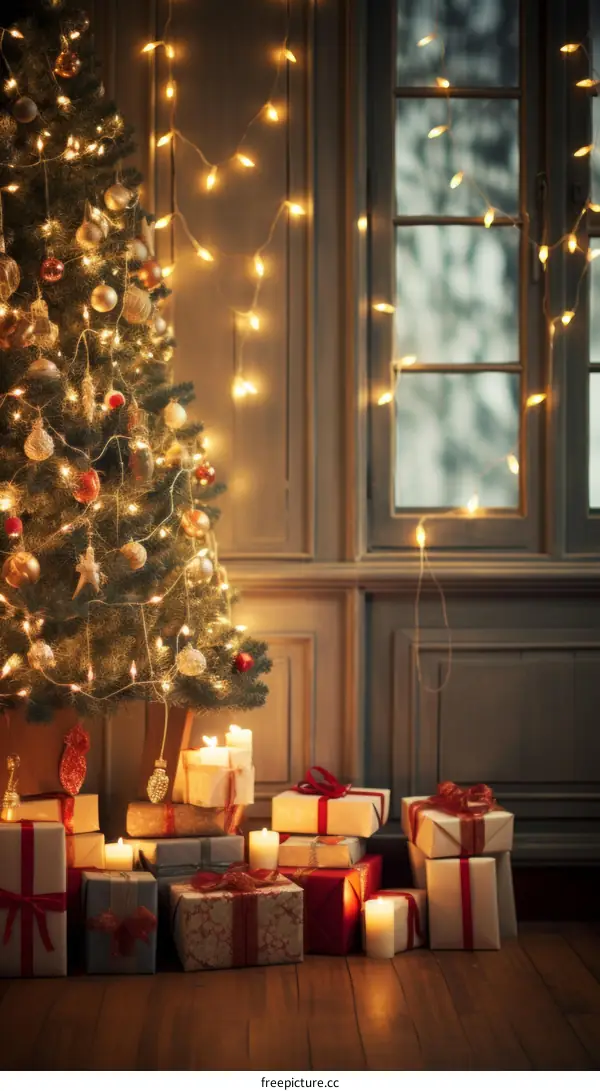 A Christmas tree with presents under it and a window in the background