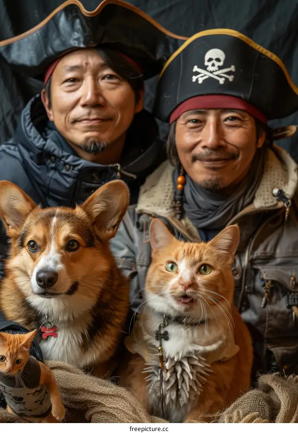 Two men and their pets are dressed up as pirates.