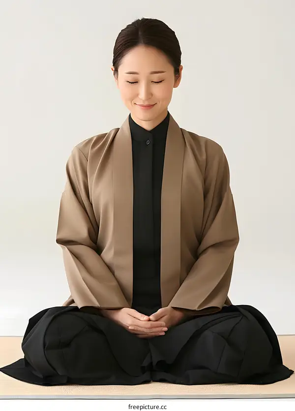 A woman in kimono is meditating