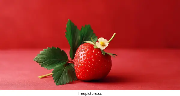 Fresh Ripe Strawberry with Leaves and Flower on Red Background