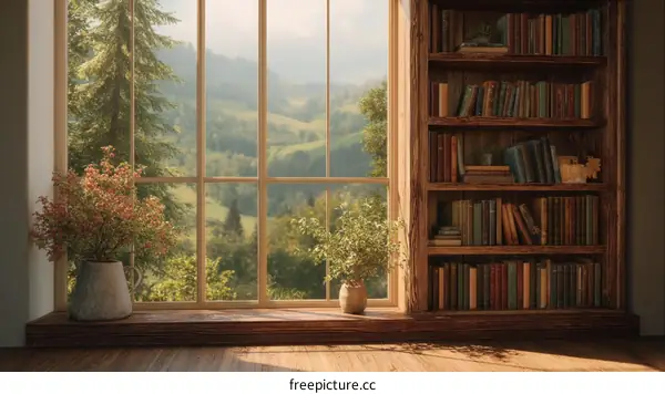 Cozy Window Seat with Bookshelf and Mountain View