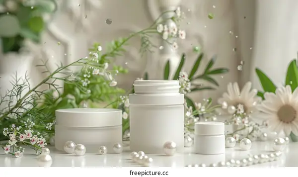 White Cosmetic Jars with Pearl and Flower Accents