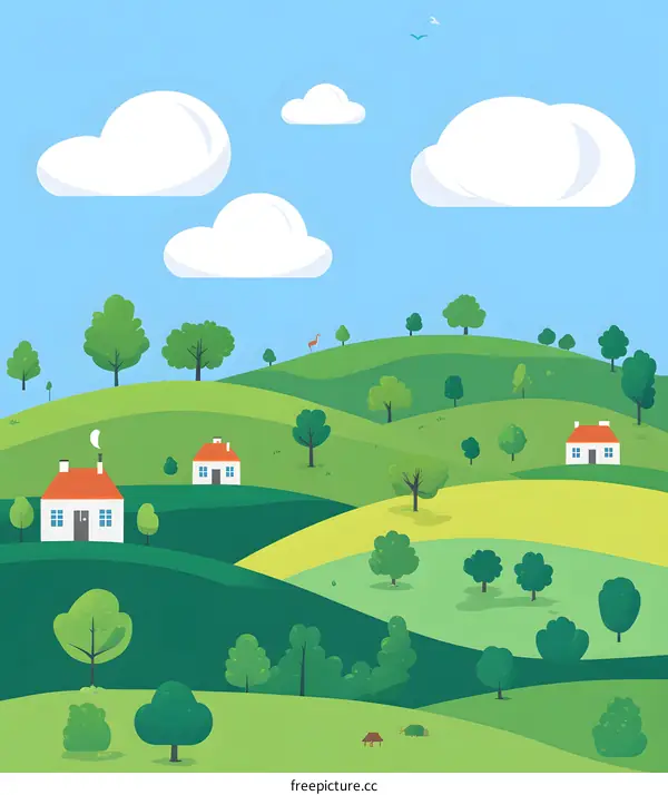 Green Hills Landscape with Houses and Clouds Illustration