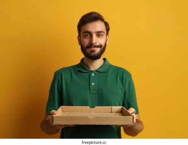 Young delivery man holding an empty pizza box