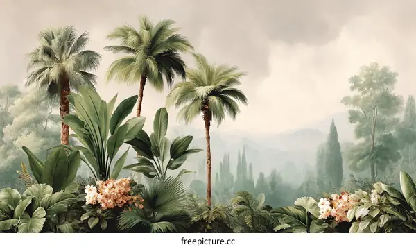 Tropical Landscape Painting with Palm Trees