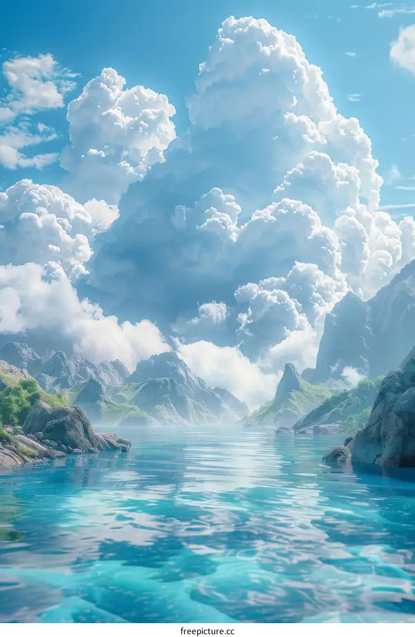 Fantasy Landscape: Serene Blue Lake with Mystical Floating Islands