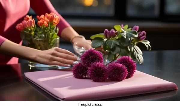 Florist arranging beautiful flowers in a vase