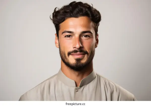 Portrait of a handsome young man with brown hair and brown eyes wearing a tan shirt
