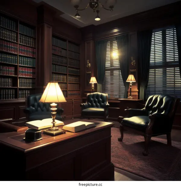 Luxurious library with leather chairs and bookshelves