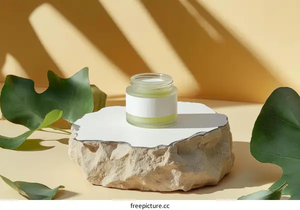 Natural Skincare Product Display on Stone Pedestal