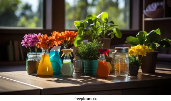 Colorful Flowers and Plants on a Wooden Table by a Window