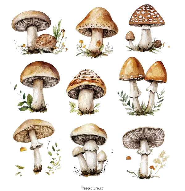 [Transparent Background PNG]Watercolor Illustration of Various Mushrooms with Plants