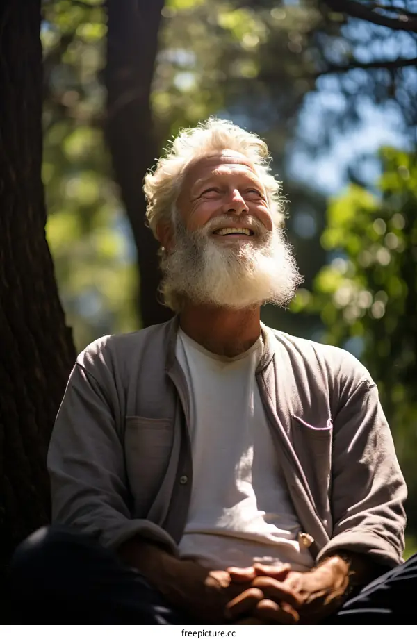Portrait of a smiling old man with a long white beard and hair