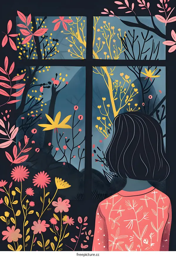 Woman Looking Out Window at Nature Illustration