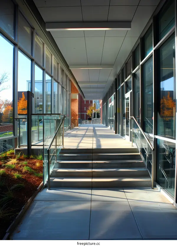Modern glass and steel walkway with autumn trees in the background