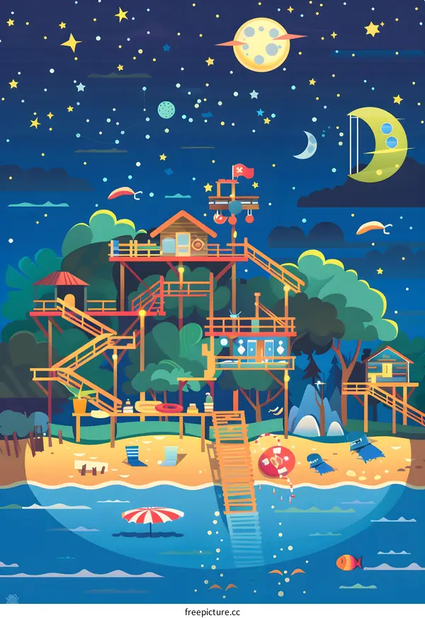 Night Sky Treehouse Beach Illustration