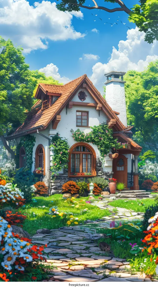 Small cottage house in the middle of a lush green field