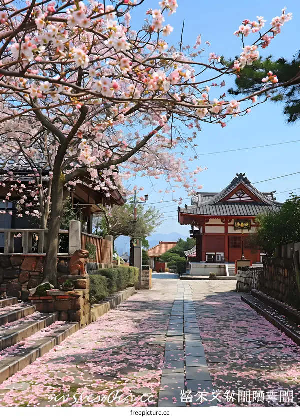 Cherry Blossoms Falling on the Stone Path Leading to a Japanese Temple