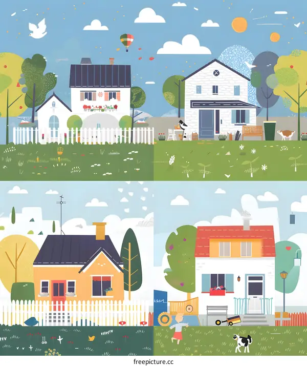 Cute Houses Illustration With Cartoon People