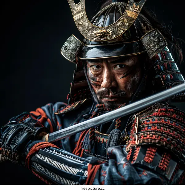 Portrait of a samurai warrior wearing traditional armor and helmet