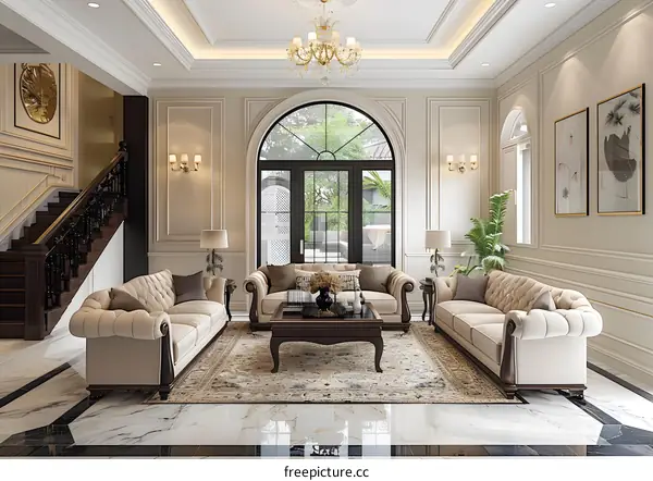 The living room is decorated in a luxurious and classical style