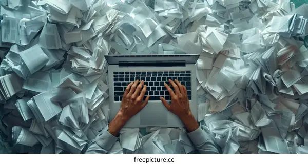 A person is drowning in a sea of paperwork