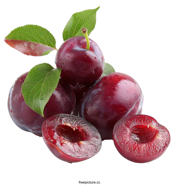 [Transparent Background PNG]Fresh ripe plums with leaves and water drops