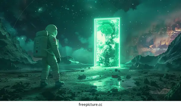 Astronaut looking at a portal on another planet