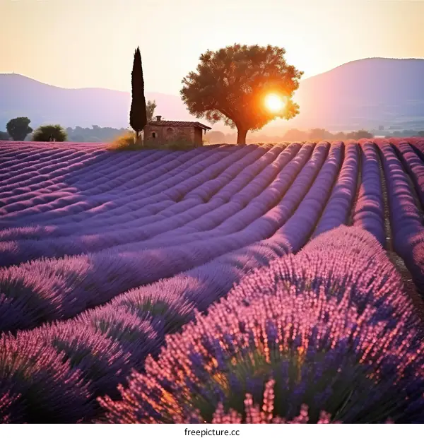 Lavender field with a small house in Provence, France
