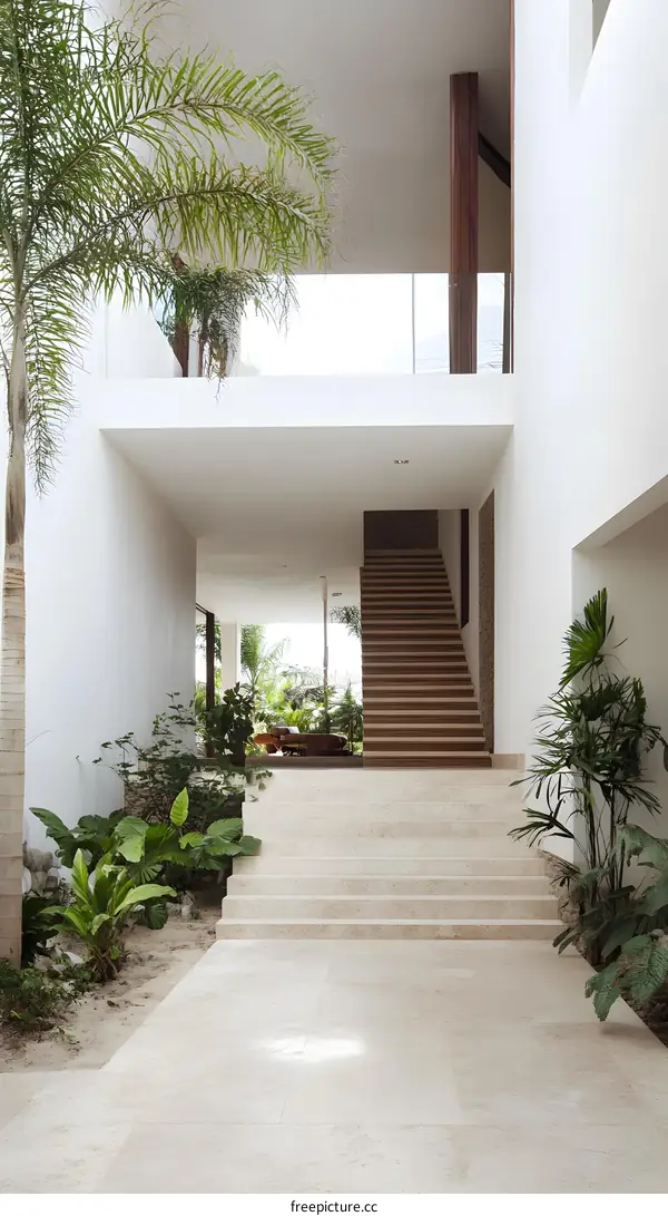 Modern Minimalist Home Design with Stone Steps and Palm Trees