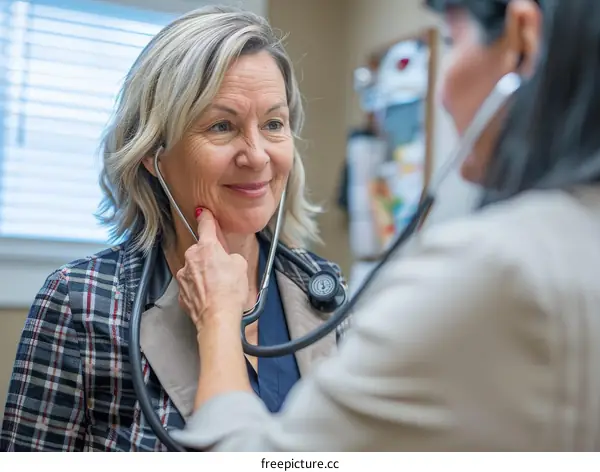 A doctor is checking a patient's heartbeat with a stethoscope