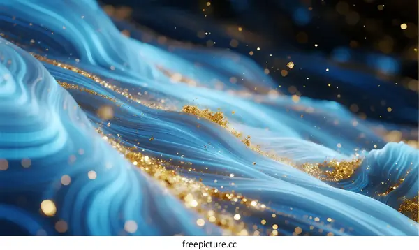 Blue Flowing Waves with Golden Particles in Abstract Design