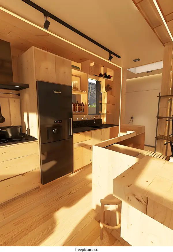 Modern Kitchen Design With Wooden Cabinets and A Black Refrigerator