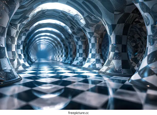 Black and White Trippy Optical Illusion Checkered Tunnel