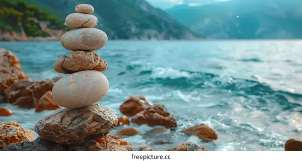 Beautiful Background Image of Stones Stacked on the Beach with Picturesque Sea and Sky